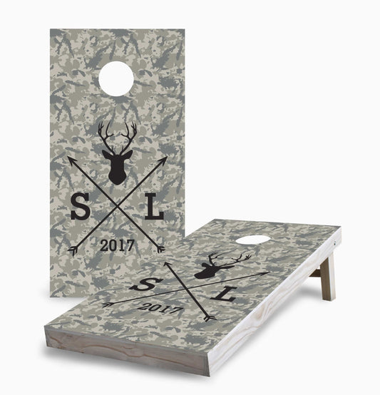 Personalized Initials and Date Deer with Camouflage Cornhole Boards