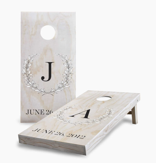 Personalized Initials And Date Laurel Wreath Cornhole Boards