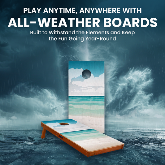 Durable cornhole set with an ocean design standing