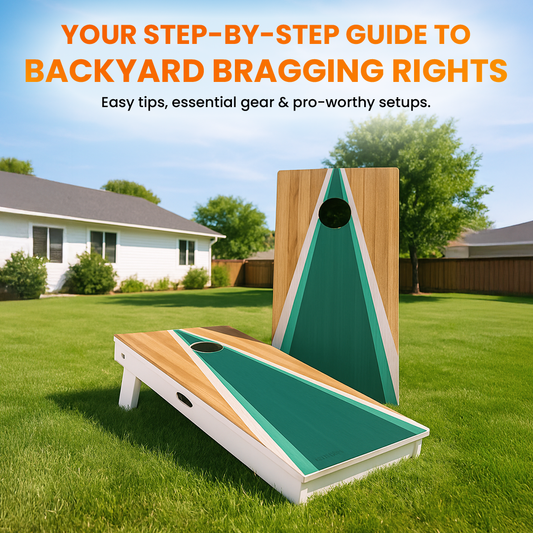 cornhole boards with a chevron design on a backyard lawn