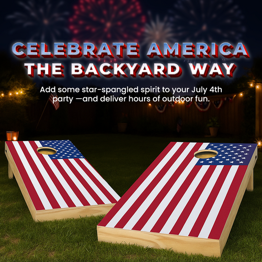 cornhole boards on a backyard lawn at night with fireworks