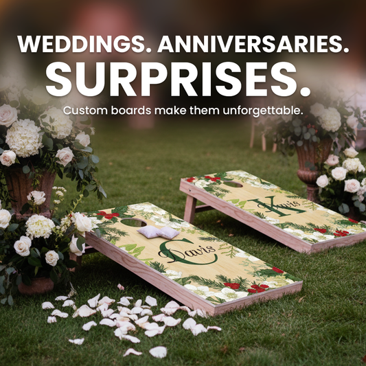cornhole boards for weddings and anniversaries featuring a custom "Davis" monogram