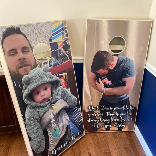  Custom cornhole boards featuring a father and baby