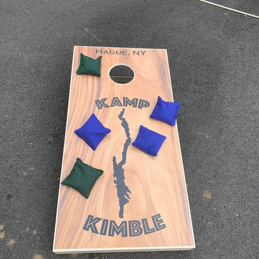 cornhole board featuring Hague, NY and a lake silhouette