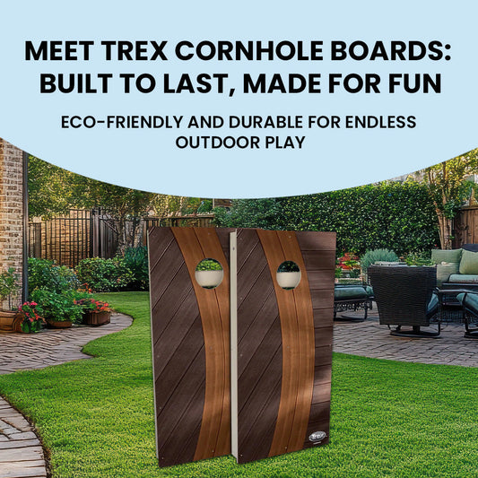 Eco-friendly brown Trex cornhole set on a patio