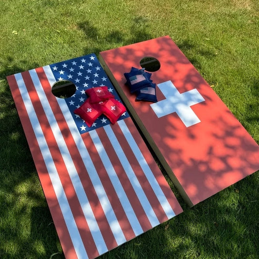 Cornhole boards with US and Swiss flags
