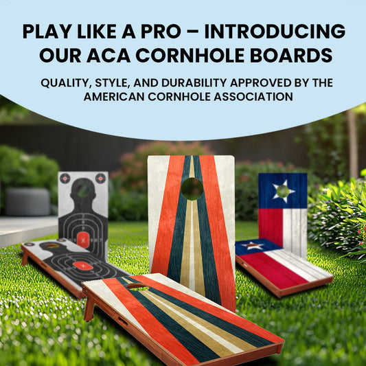 Outdoor cornhole boards with various designs.