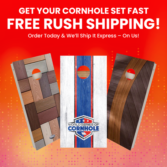 cornhole boards displayed against a bright red and orange dotted background