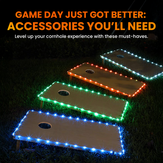 Four cornhole boards illuminated at night