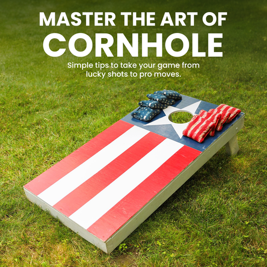 Red, white, and blue flag cornhole board with star print bags