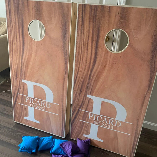 Picard custom cornhole boards and bean bags.