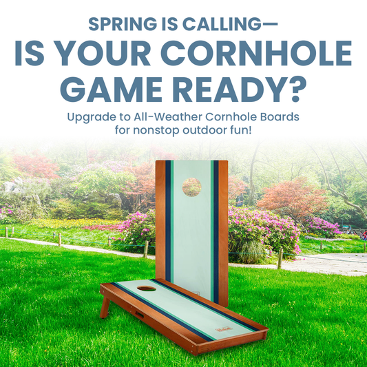 Spring ad for durable cornhole boards with text overlay