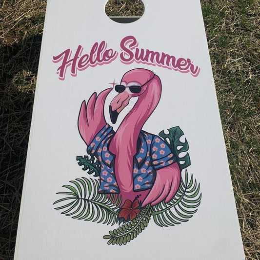 A cool flamingo in sunglasses and a Hawaiian shirt with Hello Summer