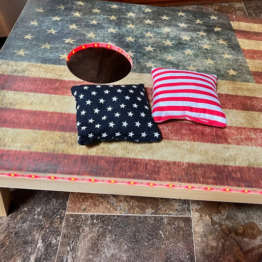American flag cornhole board with lights
