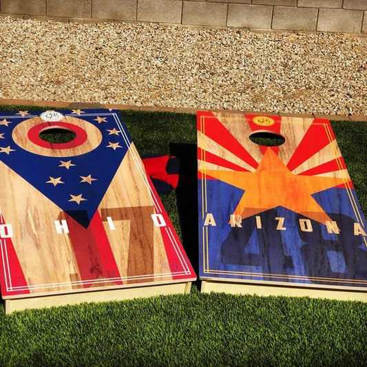 cornhole boards in the backyard