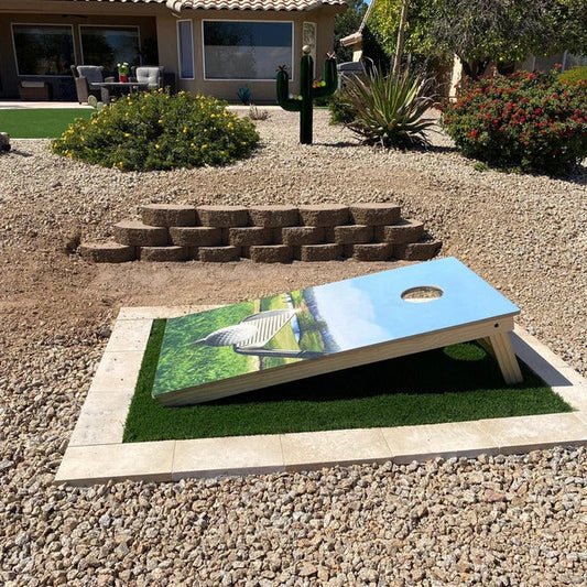 cornhole board featuring a golf club and ball graphic o