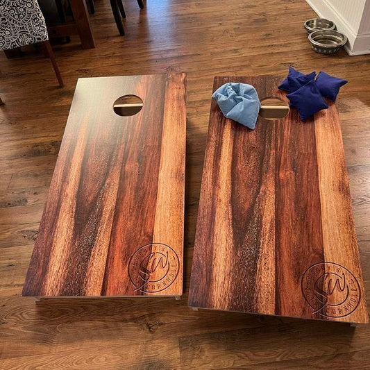  Wood grain cornhole boards with logos
