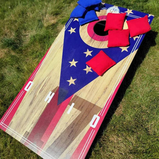 Ohio flag cornhole board with bean bags