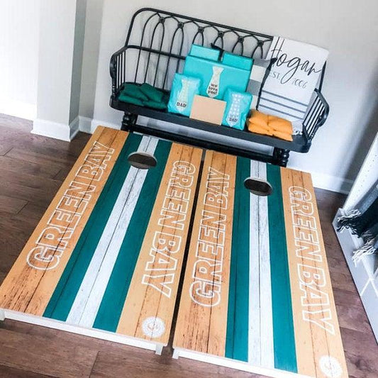 packers cornhole boards ready for tailgating