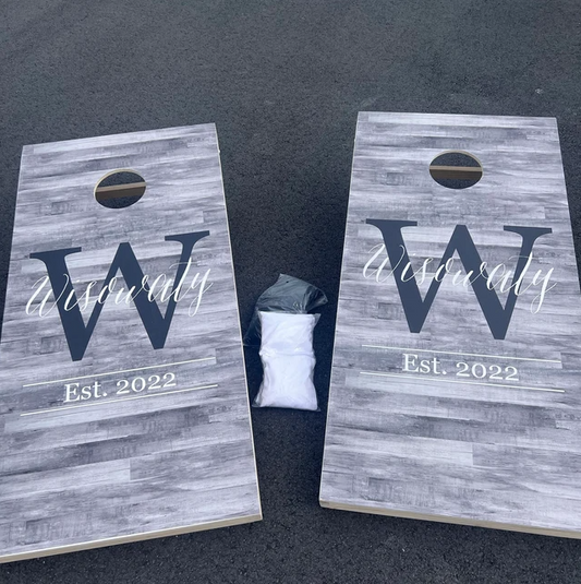 Custom gray wood-look cornhole boards