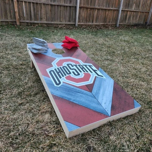cornhole boards featuring a frosted beer