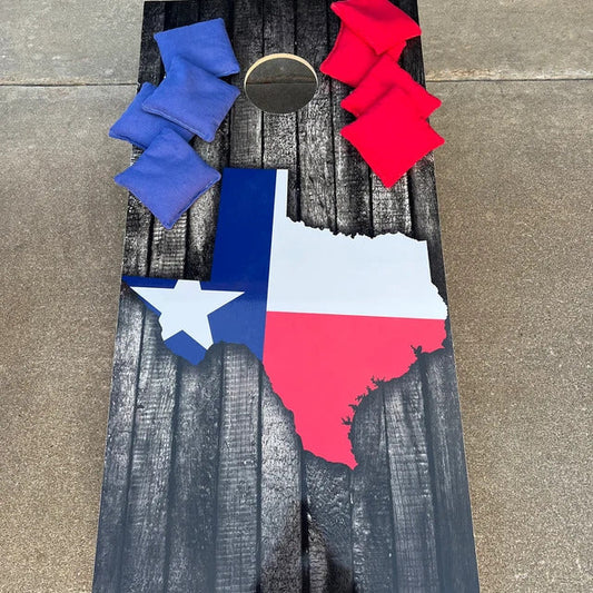 Texas-shaped flag cornhole board with bags