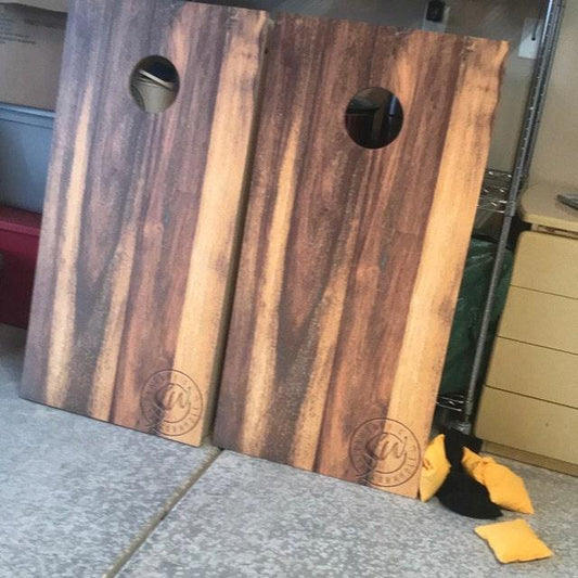treated oak themed cornhole boards