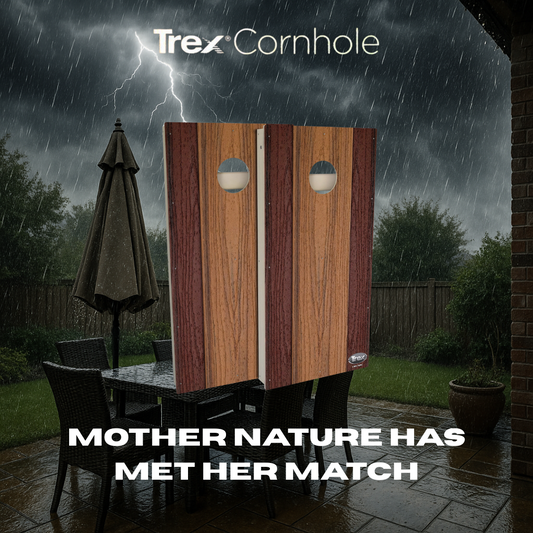 cornhole boards displayed outdoors during a rainstorm with lightning.
