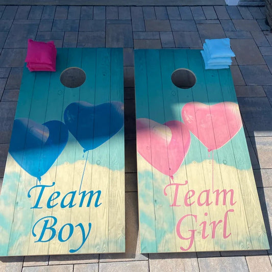 Gender reveal cornhole boards: Team Boy and Team Girl