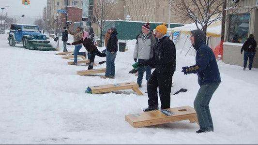 playing cornhole in the winter