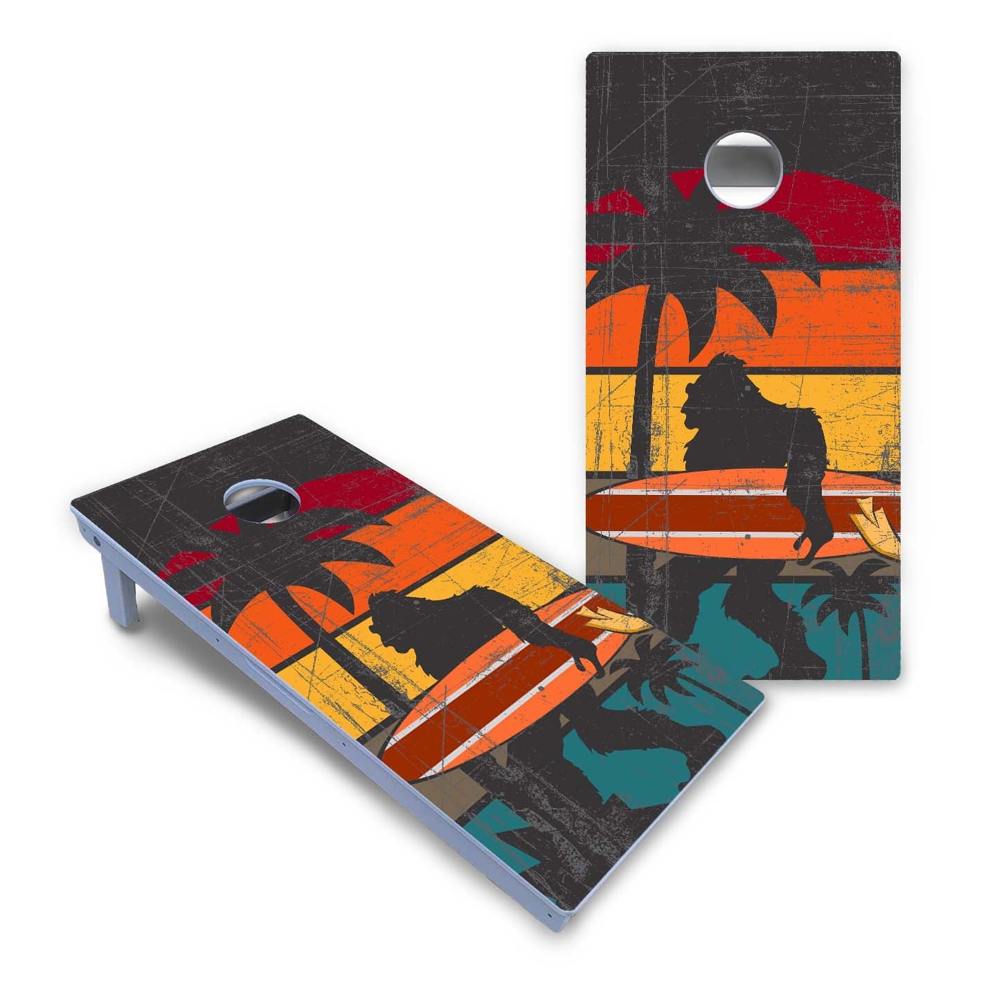 Surfing Sasquatch Sunset All-Weather Cornhole Set