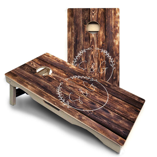 Dark Wood Wreath Initials Pro Solution Cornhole Boards