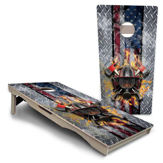 Firefighter on Diamond Plating Pro Solution Cornhole Boards