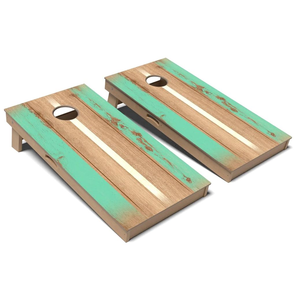 Vintage Green & White Stripes Cornhole Board Set