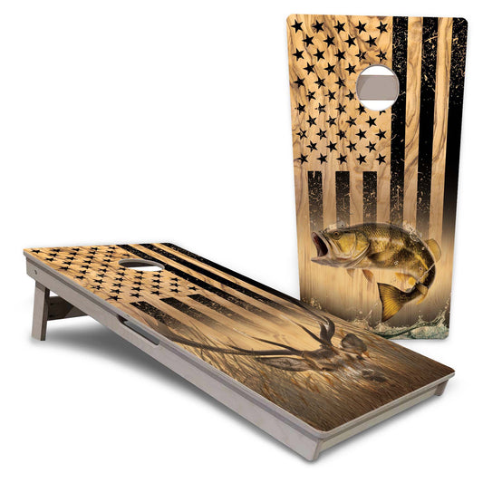 Light Wood Flag Deer & Fish Pro Cornhole Boards