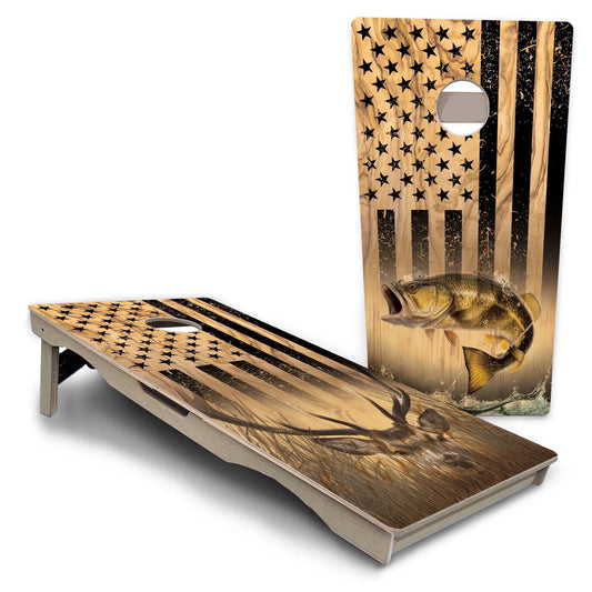 Light Wood Flag Deer & Fish Pro Solution Cornhole Boards