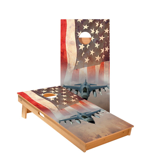 American Flag With Jet Cornhole Boards