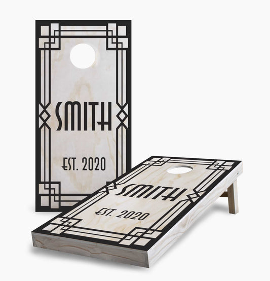 Personalized Art Deco Name and Date Cornhole Boards