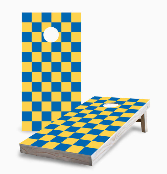 Royal and Yellow Checkered Cornhole Boards