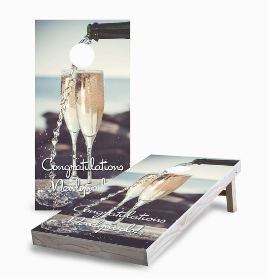 Personalized Champagne Pour on the Beach Cornhole Boards