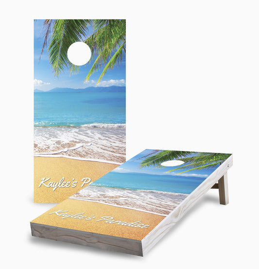 Personalized Paradise on the Beach Cornhole Boards