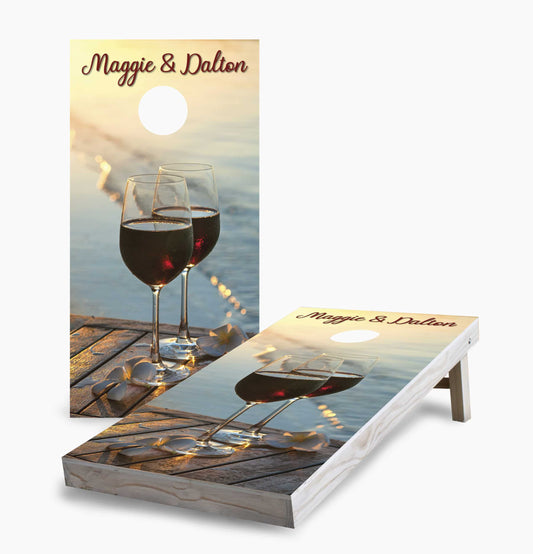 Personalized Sunset Red Wine on the Beach Cornhole Boards