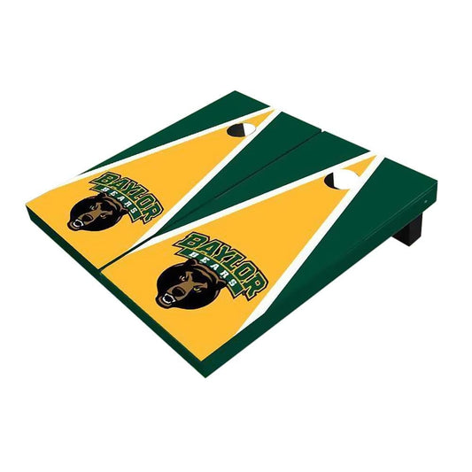Baylor Bear Head Yellow And Hunter Green Triangle Cornhole Boards