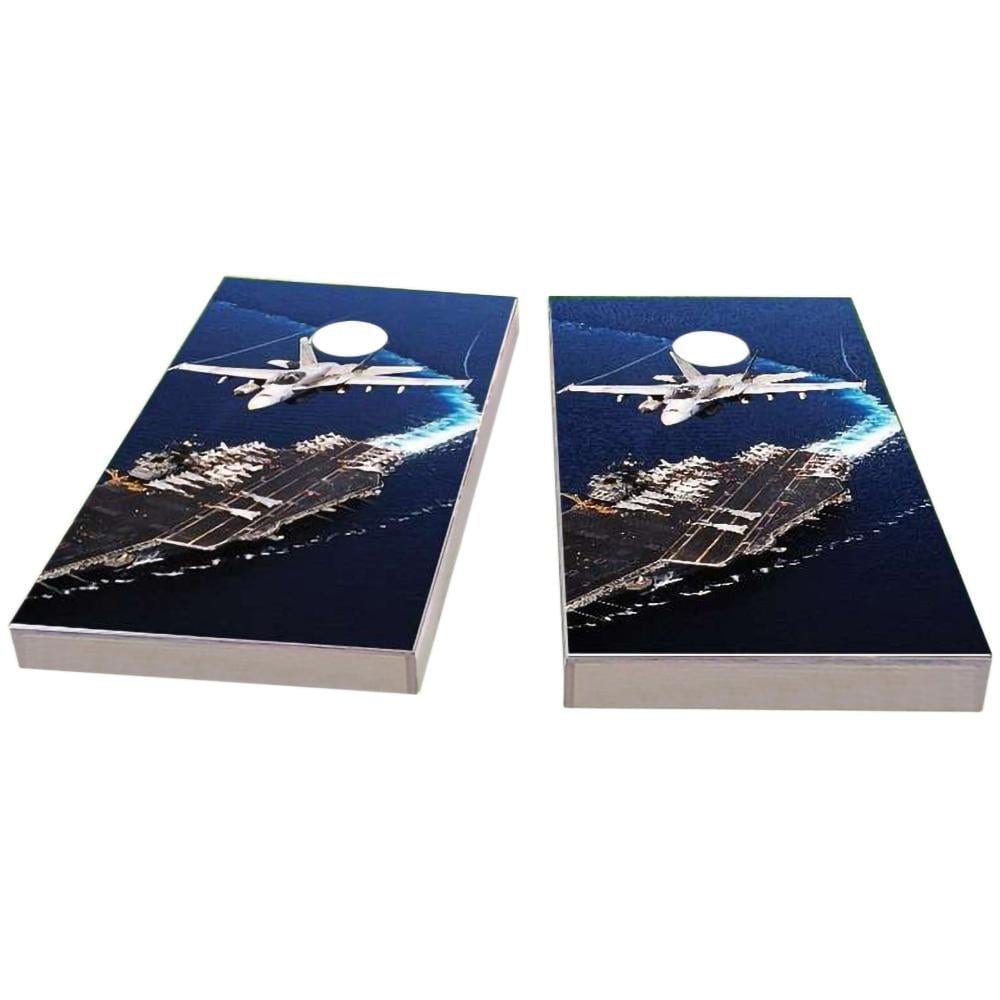 Jet Flying Over Aircraft Carrier Cornhole Boards