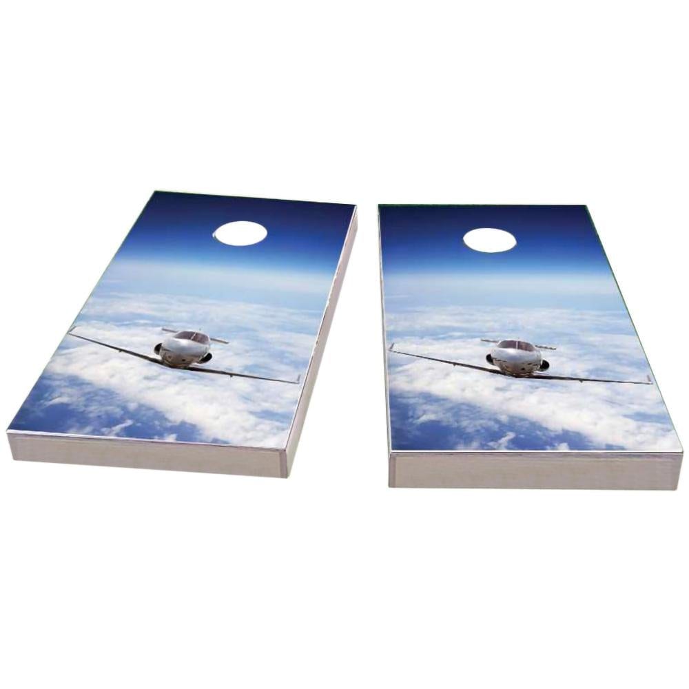 Private Jet Flying Above the Clouds Cornhole Boards