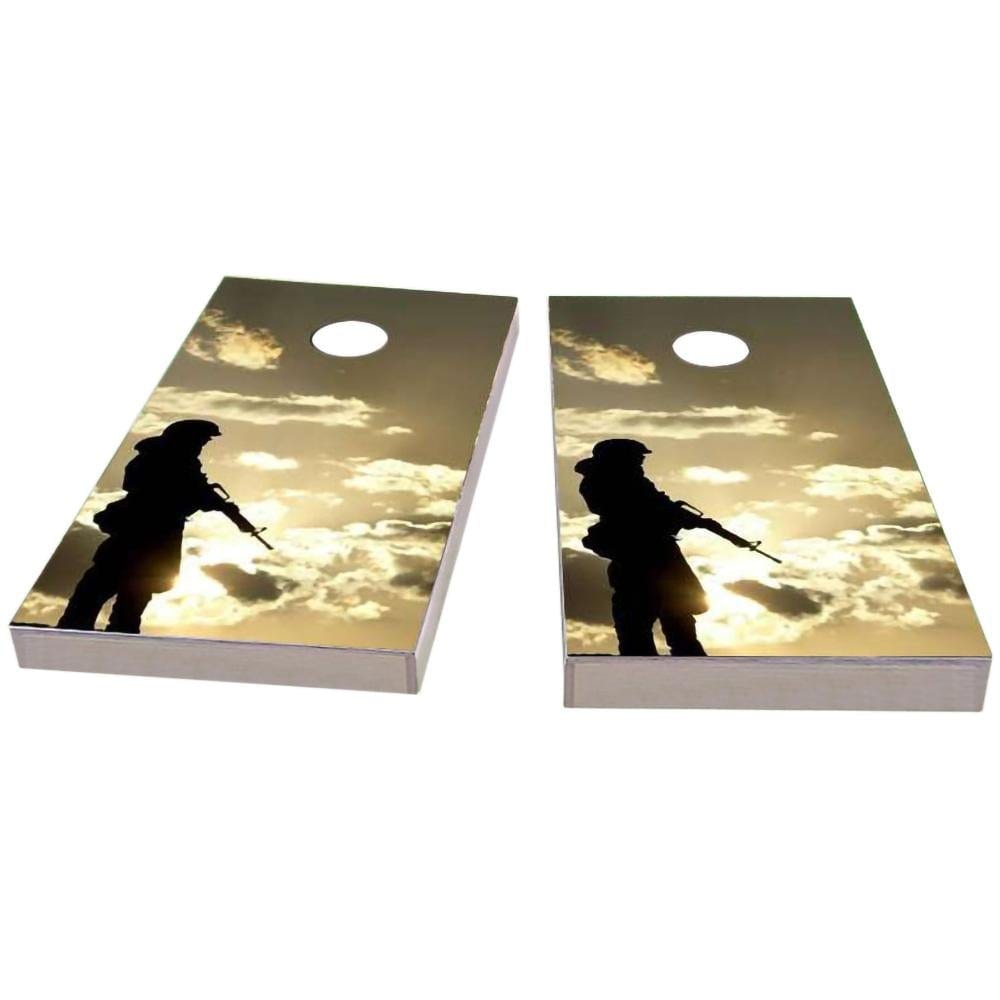 Soldier Silhouette at Dusk Cornhole Boards