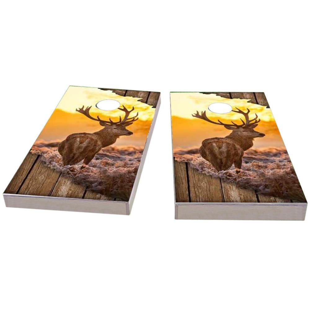Torn Sunrise Buck With Wood Slat Cornhole Boards