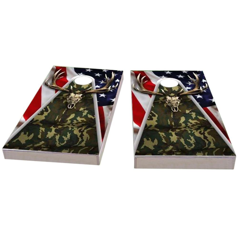 Camouflage Deer Mount With Flag Cornhole Boards