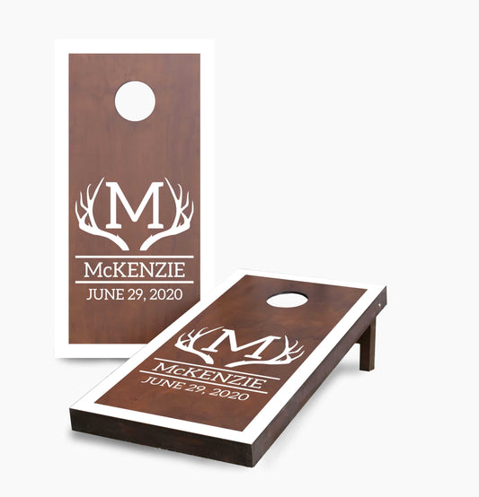 Personalized Stained Antler Name and Date Cornhole Boards
