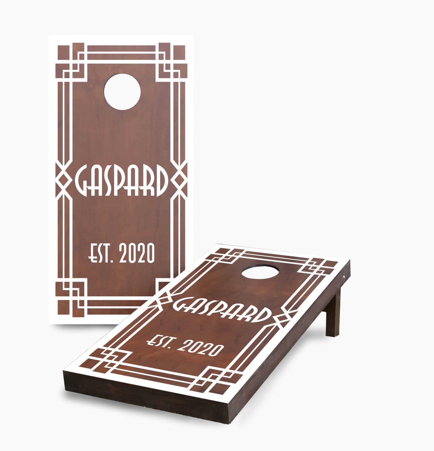 Personalized Stained Art Deco Name and Date Cornhole Boards